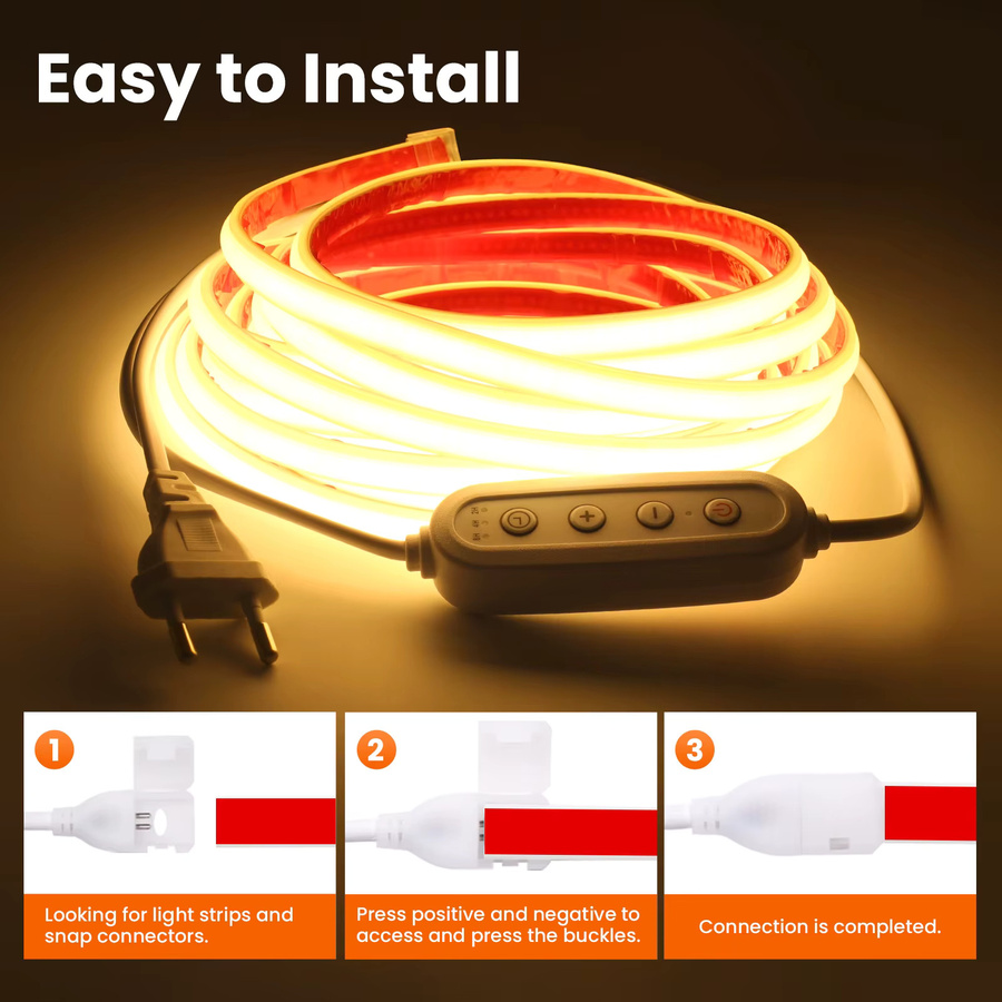 HEGEHE COB Neon LED-Streifen Set, IP65 Wasserdicht, Dimmbar mit Timer, 288 LEDs, 220V AC, Weiß, 1 m Länge - Bild 5