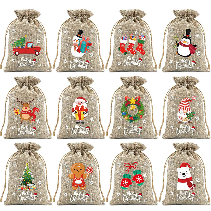 VIKAMA 12-teiliges Set Weihnachts-Geschenktüten aus Leinen mit Kordelzug für Süßigkeiten und kleine Geschenke für Kinder, B/T/H: 15 x 10 x 10 cm - Bild 1