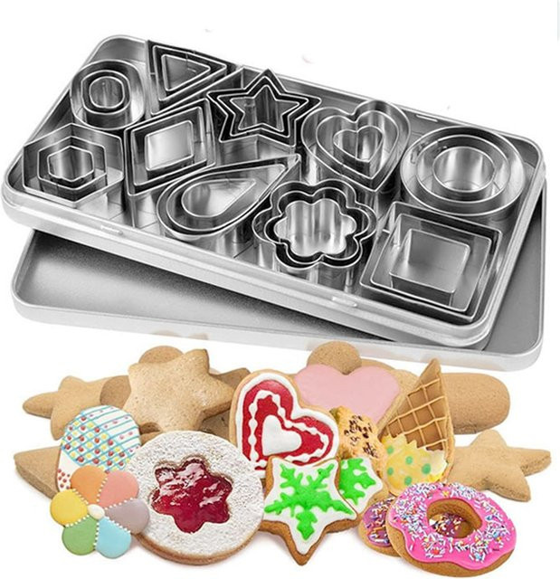 XINCHEN Cookie Cutter Set aus Edelstahl mit Aufbewahrungsbox, Geometrie und Herz-Formen für Linzer Kekse und DIY Gebäck-Dekoration, Silber - Bild 1