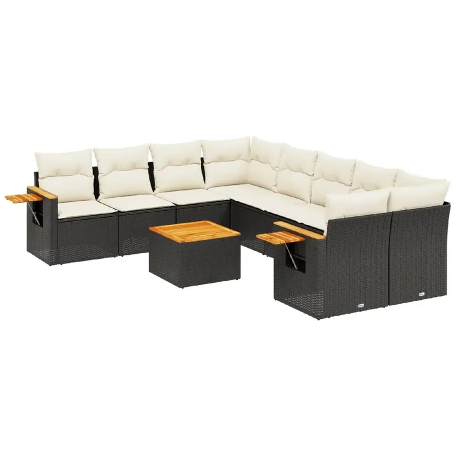 vidaXL 9-tlg Garten-Sofagarnitur in L-Form aus Poly-Rattan und Akazienholz mit Kissen in Schwarz-Creme - Bild 2