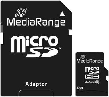MediaRange microSDHC Speicherkarte Class 10 mit SD-Adapter, 4 GB, Schwarz - Bild 1