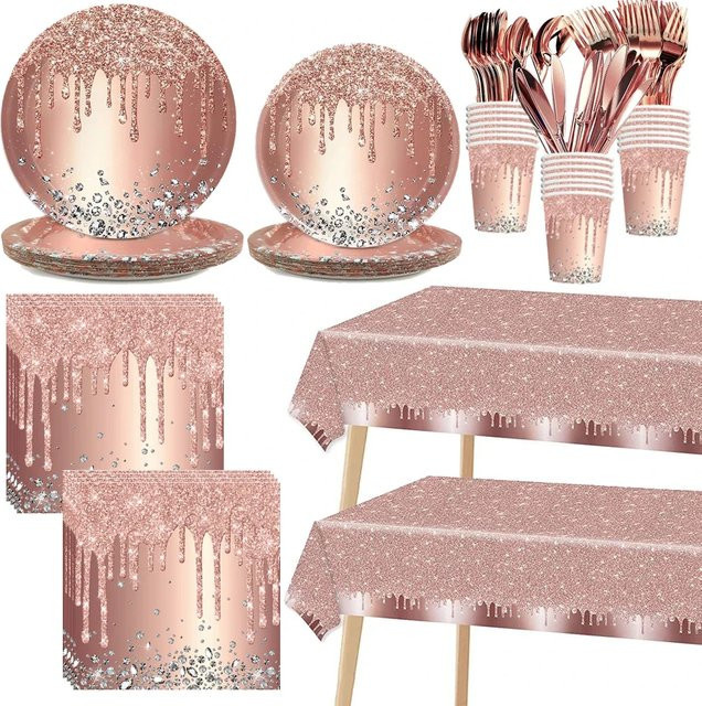 Cicimini Party Dekoration Set in Rosa und Rose Gold mit Diamant Glitzer Muster aus Papier für Hochzeit und Geburtstag - Bild 1