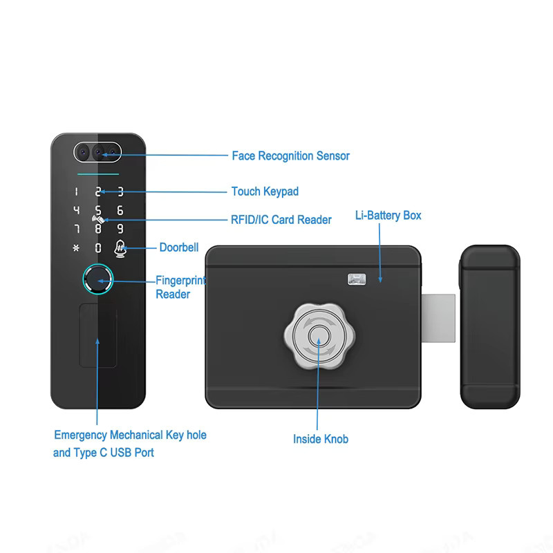 Juheenda Smart Lock mit 3D-Gesichtserkennung, Tuya Wifi, Fingerabdruck und Passcode, wasserdichtes digitales elektrisches Felgenschloss für Außentore, Schwarz - Bild 2