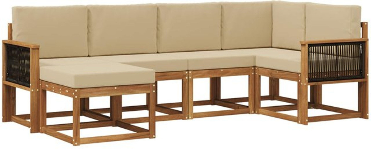 vidaXL Outdoor-Sofagarnitur aus Massivholz Akazie in Natur und Beige, 6-teiliges Loungemöbel Set im modernen und minimalistischen Design - Bild 1