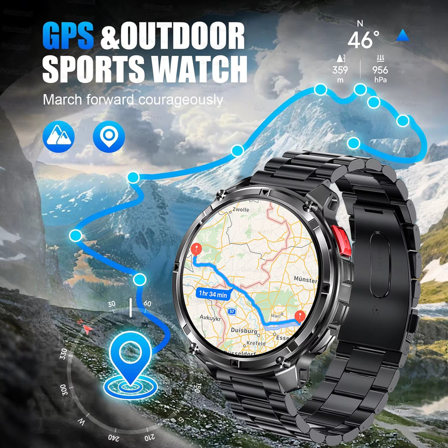 GUHUAVMI GPS Militär-Smartwatch in Schwarz mit AGPS, 5ATM Wasserdichtigkeit, 3D-Kompass und 1100mAh Akku - Bild 2