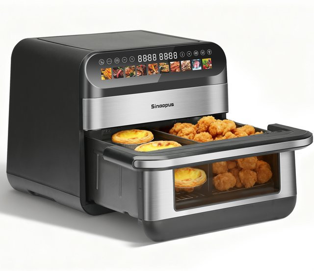 Sinaopus Fettfreie Doppelkorb-Heißluftfritteuse XXL mit LED-Touch-Fenster und Digitaldisplay, Schwarz, 10 l - Bild 1