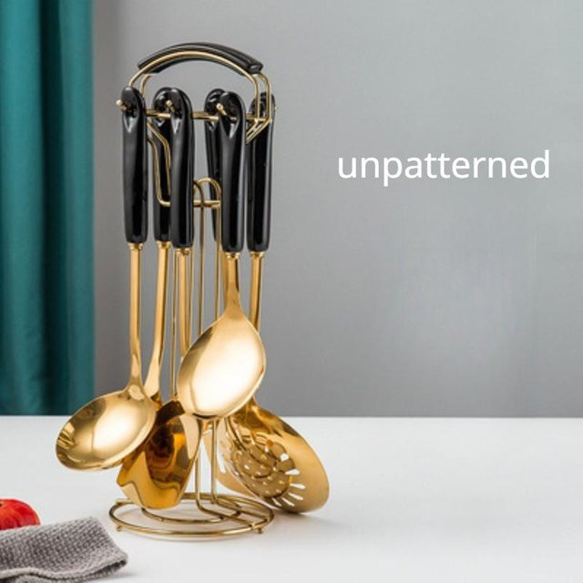 Siebenteiliges Küchengeschirr-Set von JIN NIANG ZI in Gold mit Keramikgriff und Edelstahl, bestehend aus Kochspatel, Löffel und Suppenlöffel - Bild 1