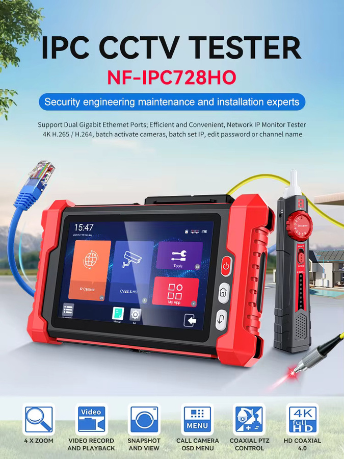 NOYAFA NF-IPC728HSO 8-Zoll IP-Kamera-Tester mit 8K IPC CCTV-Funktion, 48V PoE-Ausgang, ONVIF, TDR, HDMI und VGA Kabeltestgerät in Rot - Bild 5