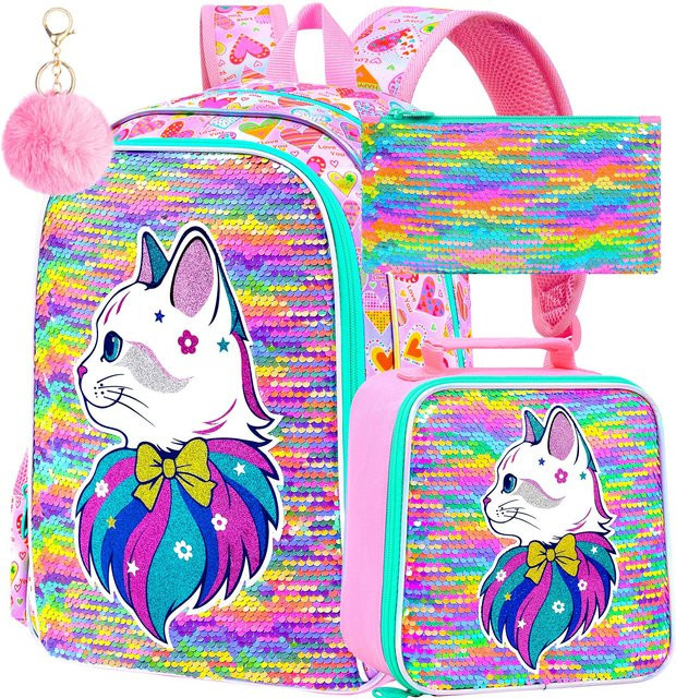 Fancy Style Studio 3-teiliges Schultaschen-Set für Mädchen mit Katzen-Pailletten und Regenbogen-Glitzer in Multicolour inklusive Brotdose und Federmäppchen - Bild 1