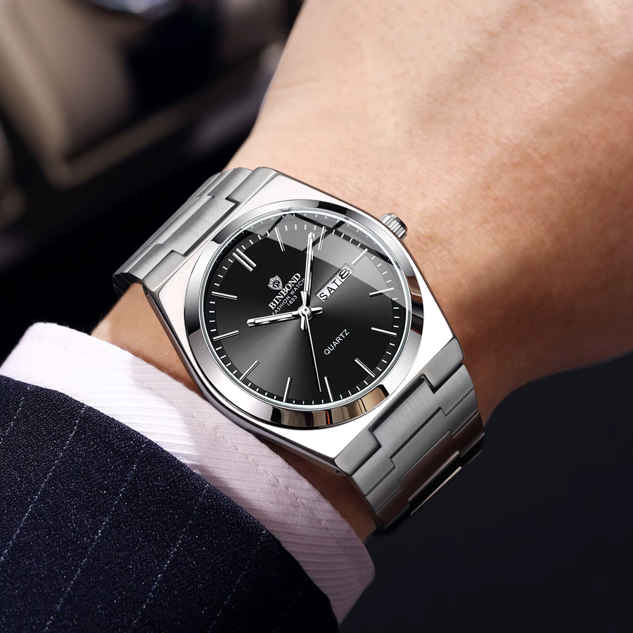BINBOND Armbanduhr Quarz, Edelstahl, Schwarz, Silber, Herren - Bild 3