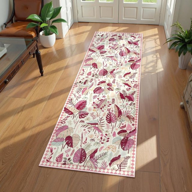Bohemia Green Leaf Runner Teppich in Grün/Mehrfarbig, rutschfeste Bodenmatte mit floralem Design für Flur, Schlafzimmer oder Wohnzimmer, B/T: 120 x 40 cm - Bild 1