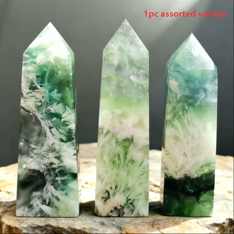 Natürlicher Feder-Fluorit quadratischer Säulenblock von CrystalHola in Grün mit Schneeflockenmuster als polierte Kristall-Dekoration im Bohemian-Stil - Bild 3