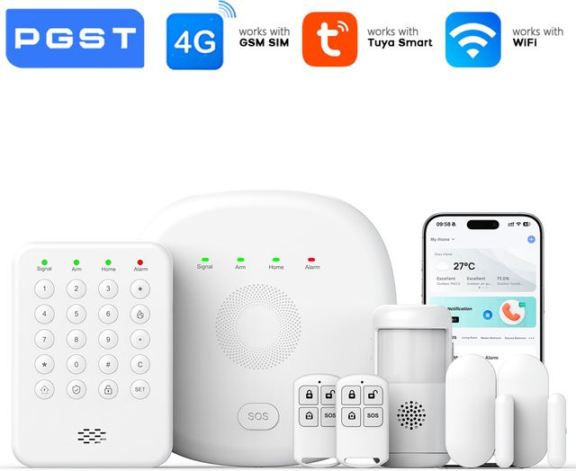 PGST WLAN-Heimalarmsystem Smart Security Kit in Weiß mit Tür- und Fenstersensor, Bewegungsmelder, SOS-Tastatur und App-Steuerung für dein Haus und deine Wohnung - Bild 1