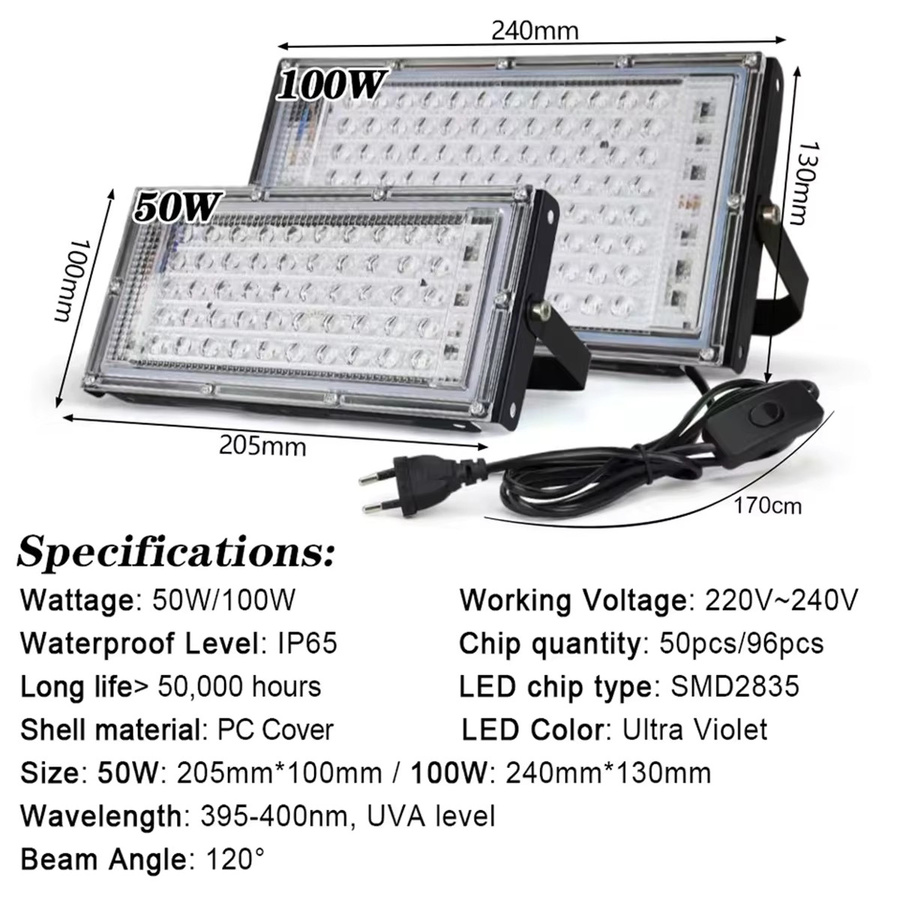 Prosite UV-Flutlicht Schwarz 395nm zur Keimabtötung und zum Aushärten mit 50W oder 100W - Bild 2