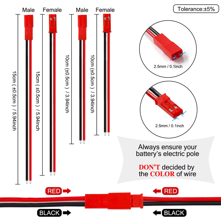 ELEABC 10 Paar JST 2-Pin Steckverbinder 20 AWG Kabel in Rot für LED-Lichtstreifen, Fernbedienungen und Spielzeugbatterien - Bild 2