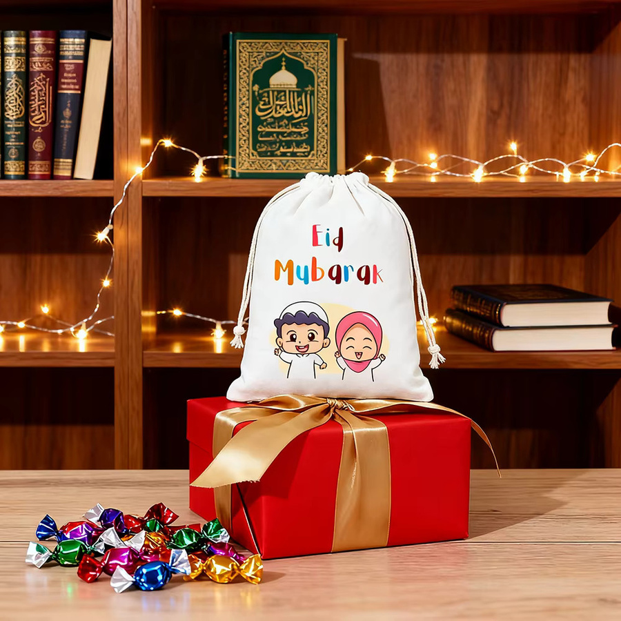 3 Stück Eid Mubarak Geschenktüten aus Baumwolle für Kinder in Weiß, B: 20 cm, H: 30 cm - Bild 4