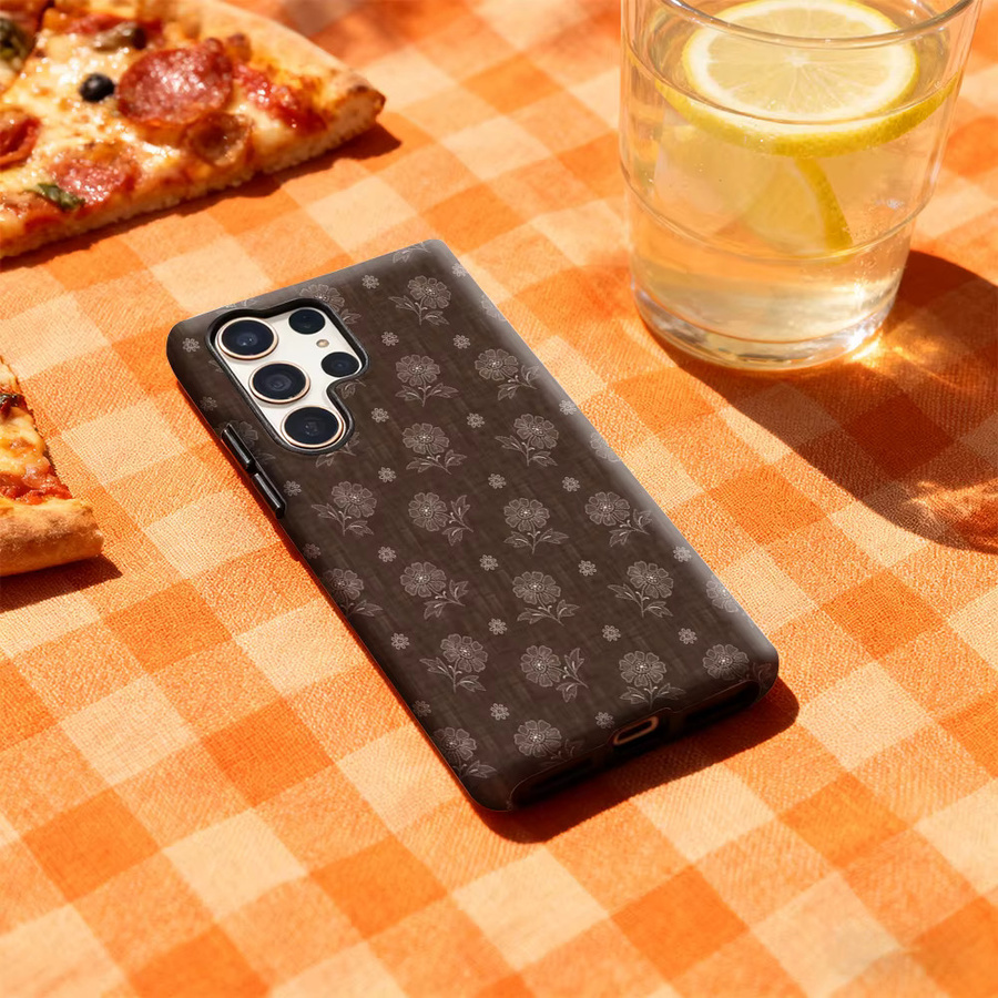 Braune Handyhülle mit Blumenstickerei und glänzender doppellagiger Rückseite für Samsung Galaxy S25 Ultra, S24 und S23 Ultra Plus - Bild 3