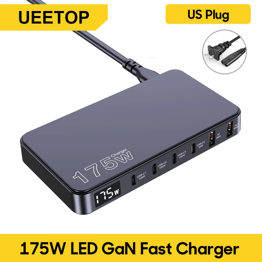Ueetop 175 W GaN USB-C Desktop-Ladegerät mit LED-Anzeige, 6-Port Schnellladestation mit PD 100 W und PPS 45 W für MacBook, Samsung und iPhone, Schwarz - Bild 5