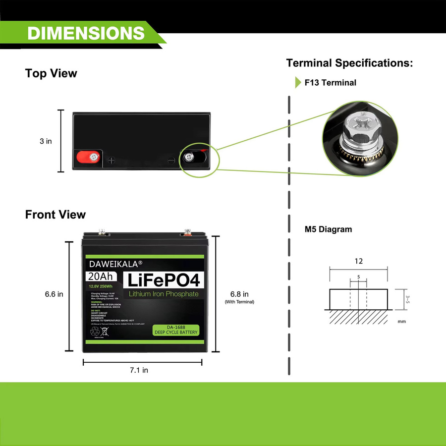 DAWEIKALA 12V LiFePo4 Lithium-Eisenphosphat Batterie 20Ah in Schwarz - Bild 3