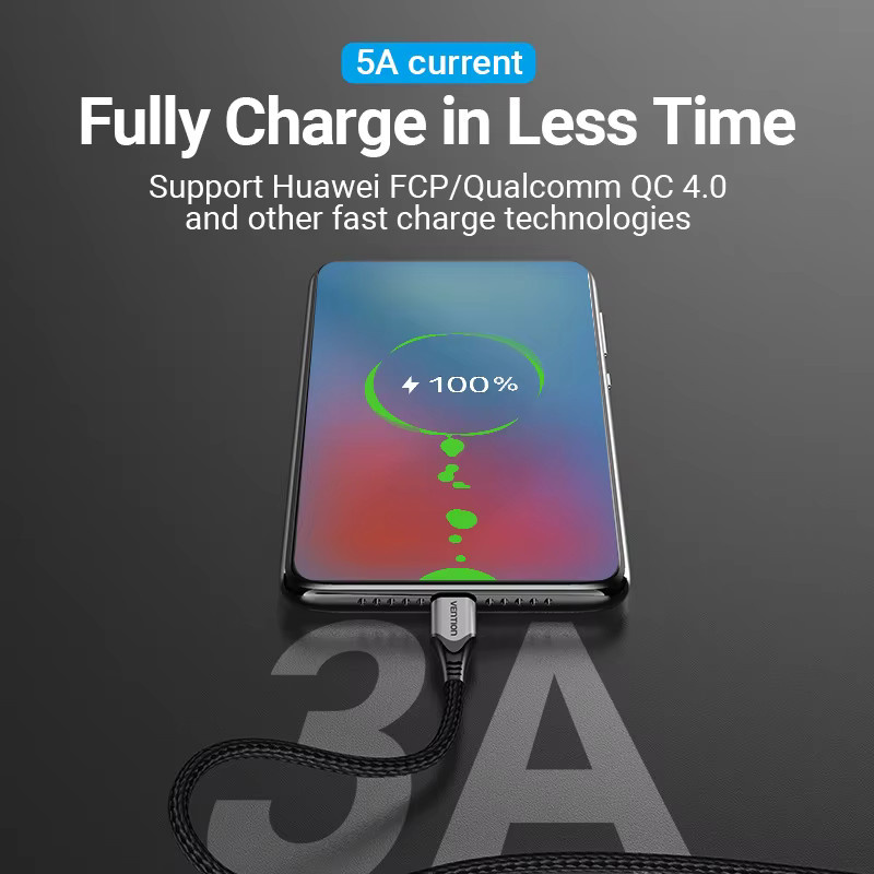 Vention USB C auf USB C Schnellladekabel mit 100 W Ladeleistung für iPhone, Huawei, Xiaomi, Samsung, Oppo und OnePlus in Schwarz und Grau - Bild 3