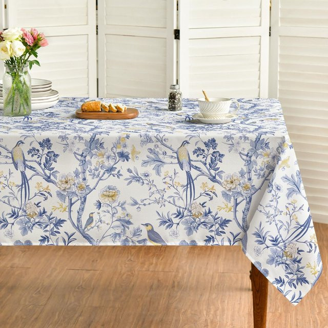 Wasserdichte rechteckige Tischdecke JINGYUE Pet mit Chinoiserie Pfauenblumen-Motiv in Weiß, B: 180 cm, T: 145 cm - Bild 1