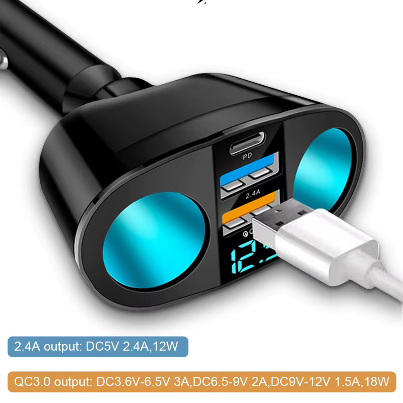 SEAMETAL 5-in-1 Autoladegerät in Schwarz mit 360-Grad-Drehung, Zigarettenanzünder-Splitter, QC3.0 Schnellladung und PD 20 W USB-C Ladestation für 12/24 V - Bild 3