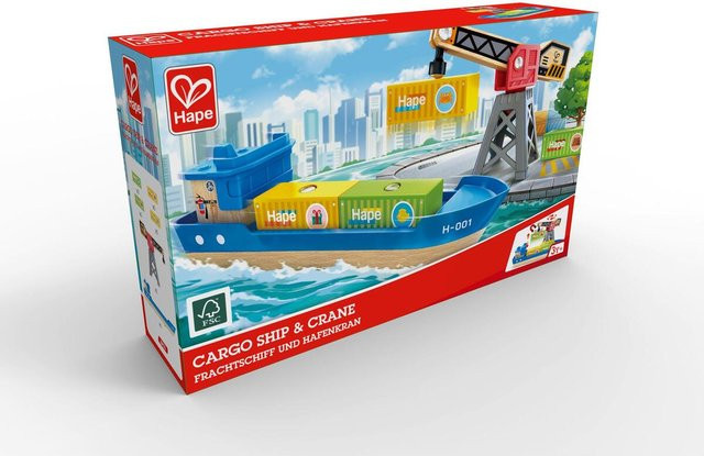 Hape Frachtschiff und Hafenkran, Fahrzeuge, Holz, ab 3 Jahre - Bild 1