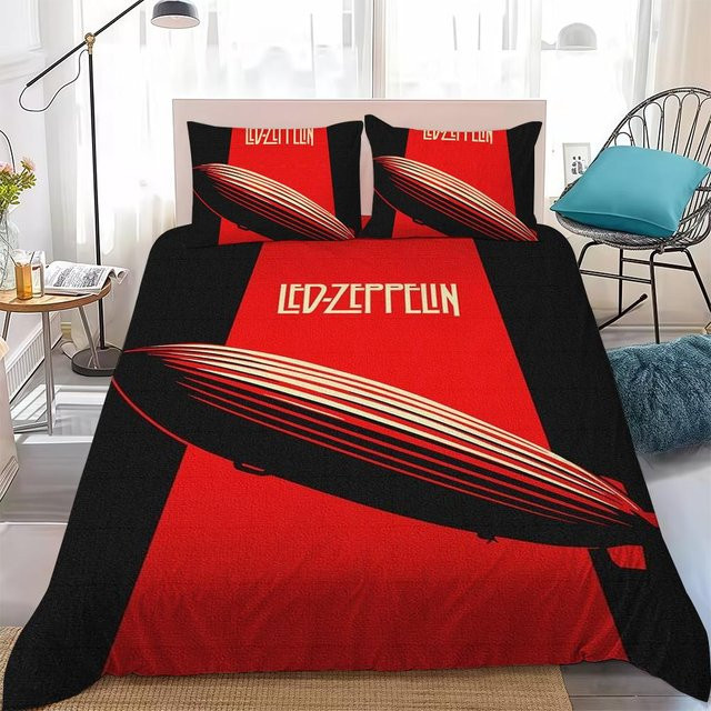 Led Zeppelin Band Bettwäsche-Set aus weicher Baumwolle, 3-teiliges Bettbezug-Set mit Kissenbezügen in Rot, Queen Size B: 210 cm x H: 210 cm - Bild 1