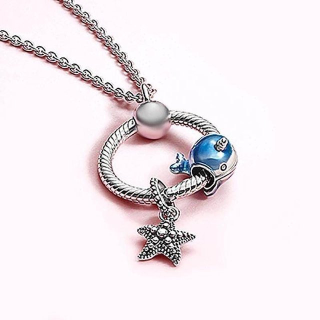 Perlenkette 925 Silber, Seestern und Narwal, Damen - Bild 1