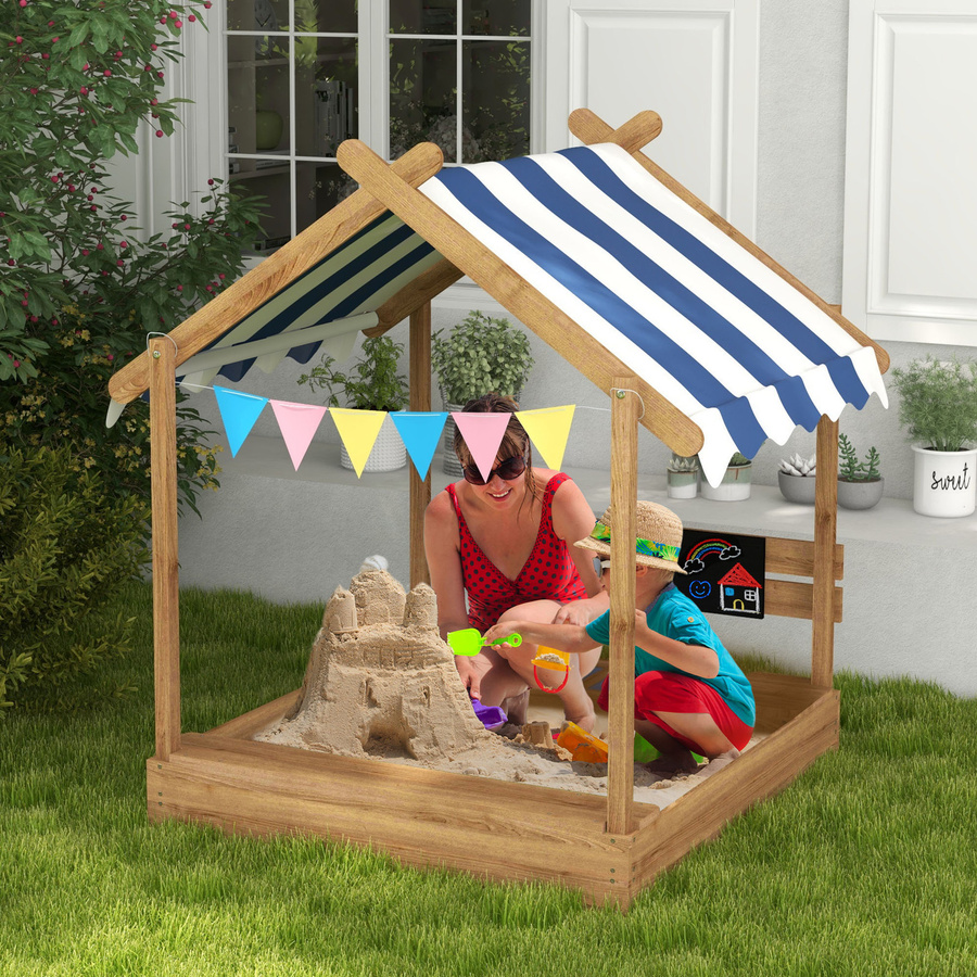 Outsunny Sandkasten aus Holz mit Dach, Sitzplatz und Tafel in Braun, B/T/H: 124 x 116 x 146 cm - Bild 2