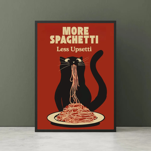 More Spaghetti Less Upsetti Wandbild mit schwarzer Katze und Pasta-Motiv, humorvoller Paper Poster Print in Schwarz und Multicolour - Bild 1