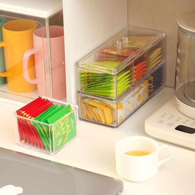Transparente Aufbewahrungsbox aus Acryl mit Deckel und Fächern für Teebeutel und Zucker, Vorratsbehälter für Büro und Haushalt - Bild 1