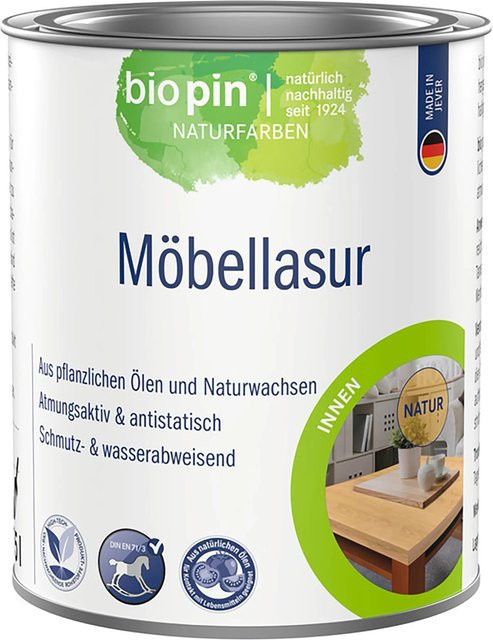 Biopin Möbellasur Natur Wasserbasierte Öl-Wachs-Lasur Transparent Satin-Matt 0,375 l - Bild 1