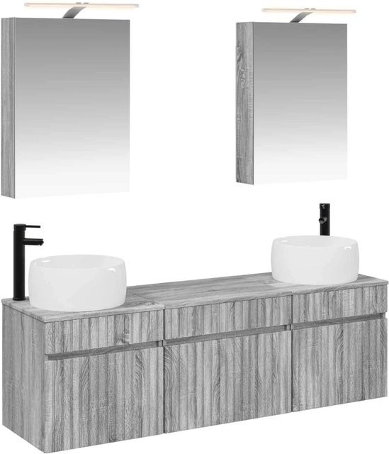 vidaXL Badezimmerschrank-Set 5-teilig in Grau Sonoma mit Waschtischunterschrank und Spiegelschrank inklusive LED-Beleuchtung, B/T/H: 50 x 14,5 x 70 cm - Bild 1