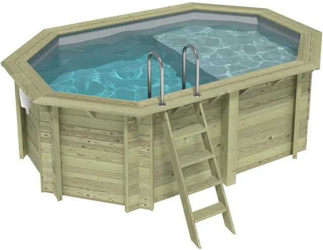 ALTANKA Holzpool Nemo achteckig in Grau mit Liegefläche und am Beton verschraubten Stützen, B/T/H: 430 x 430 x 131 cm - Bild 1
