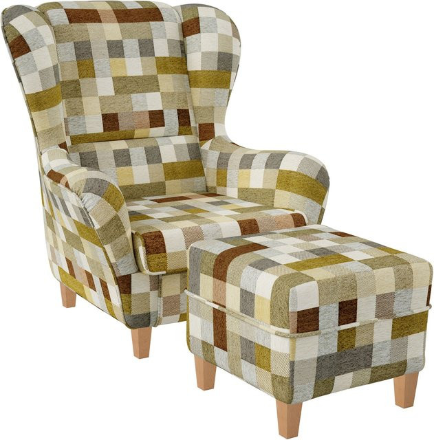 Supellex Sofia Ohrensessel mit Hocker in Beige-Ocker kariert - Bild 1