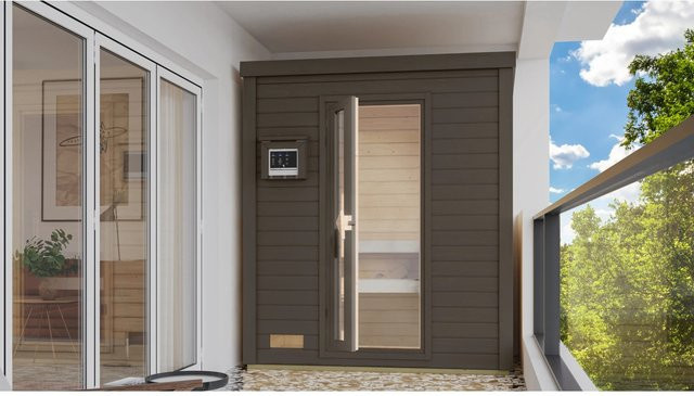 Karibu Saunahaus Arvi 0 in Terragrau mit 9 kW Ofen, Iso-Tür und Bio Ext. Steuerung aus Massivholz - Bild 1