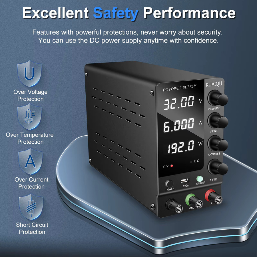 KUAIQU SPS-C3206 Labor-Netzteil mit USB-Port, einstellbare DC-Stromquelle für Telefonreparaturen, 32V 6A, Schwarz und Weiß - Bild 2