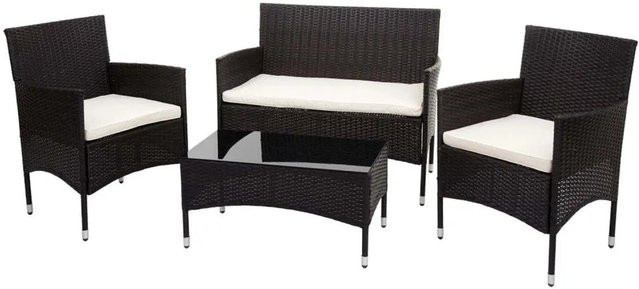 MCW Poly-Rattan Garten-Garnitur F55, 4-teiliges Lounge-Set in Braun mit beigen Sitzpolstern und Tisch mit Glasplatte - Bild 2