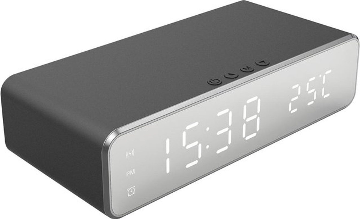 Tooarts Digitaler Wecker mit kabelloser Aufladung und Temperaturanzeige, minimalistisches Design aus Metall in Schwarz und Silber - Bild 1
