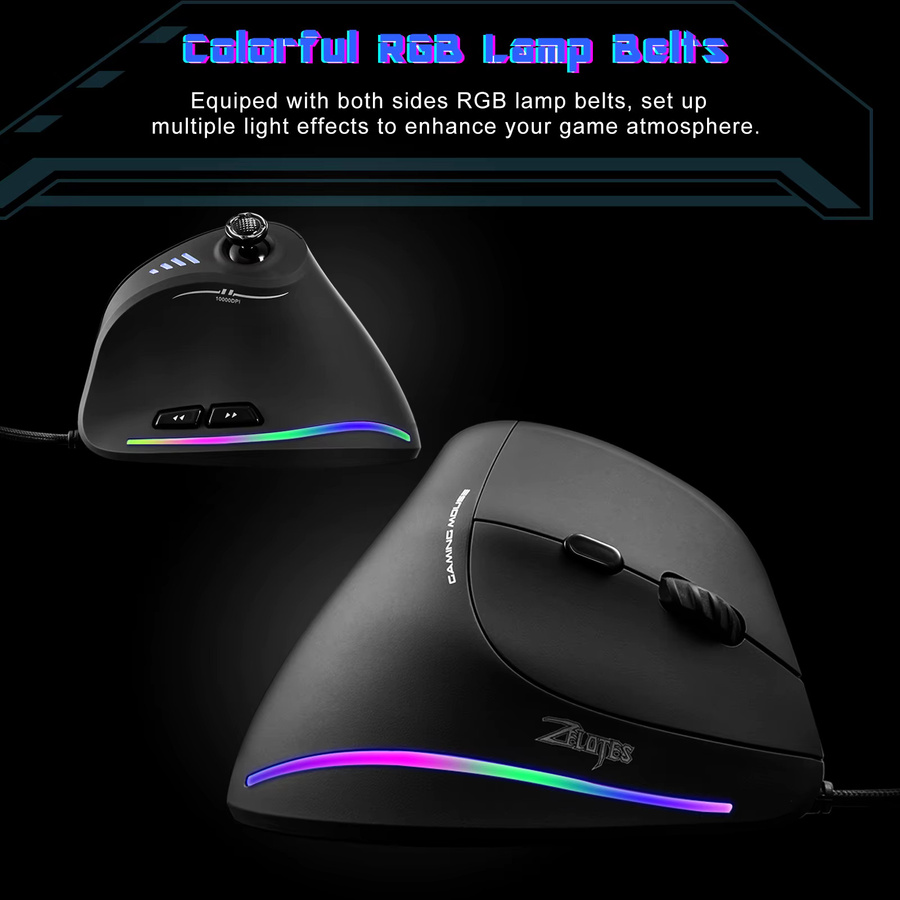 Zelotes C18 Vertikale Ergonomische Gaming Maus mit RGB, 10000 DPI und programmierbaren Joysticks, Schwarz - Bild 2