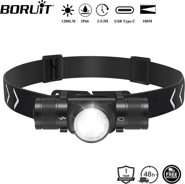 BORUiT HP330 LED Stirnlampe mit 3 LEDs, 1200 Lumen, Typ-C wiederaufladbar, wasserdicht, Schwarz - Bild 1