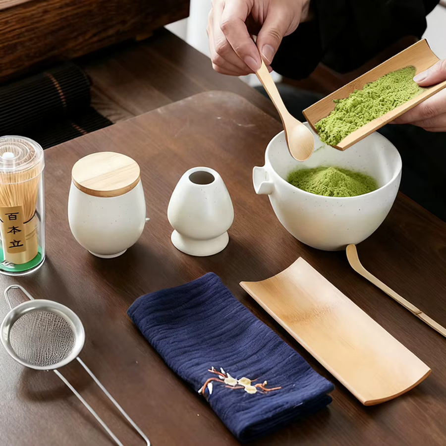 9-teiliges japanisches Matcha-Set von MYVIT aus Keramik und Bambus in Weiß - Bild 2