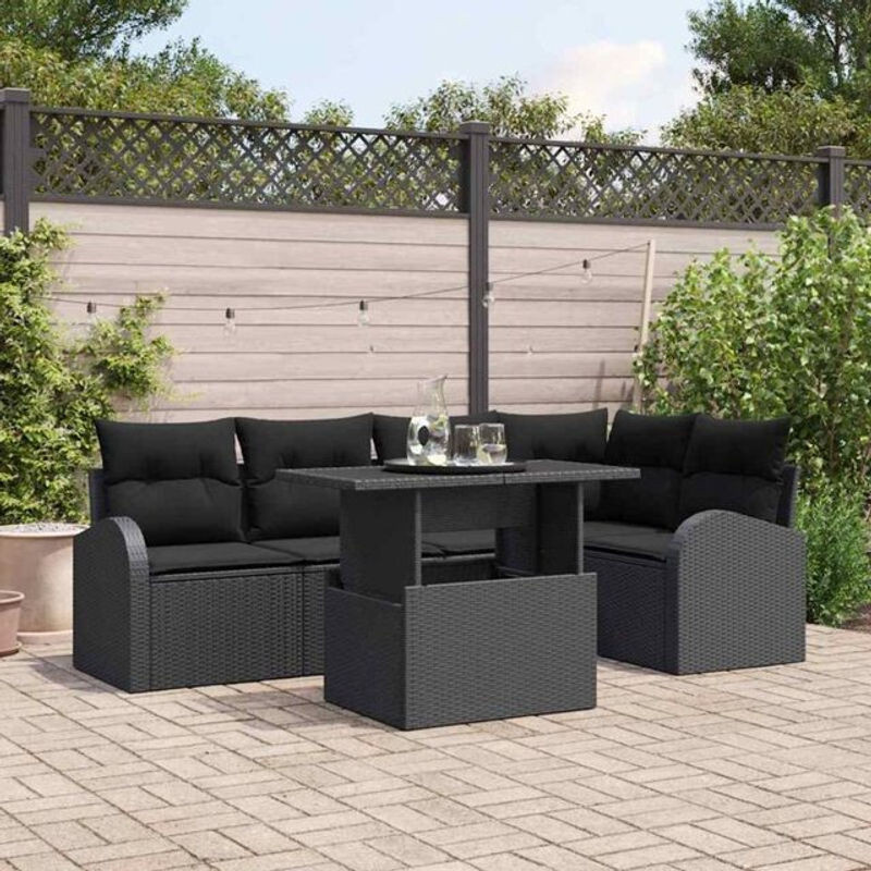 vidaXL Garten-Sofa-Set aus 6 Teilen in Schwarz aus modernem Polyrattan mit Polyester-Polstern B/T/H: 100 x 55 x 73 cm - Bild 1