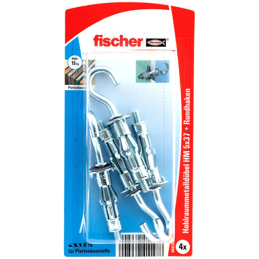 Fischer Hohlraum-Metalldübel HM RH mit Rundhaken aus Stahl in Silber, Durchmesser: 5 mm, Länge: 37 mm, 4 Stück - Bild 2