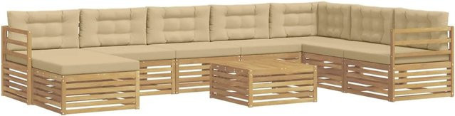 vidaXL Outdoor-Sofagarnitur 9-teilig in U-Form aus Akazienholz mit Kissen in Weiß, Beige und Braun - Bild 1
