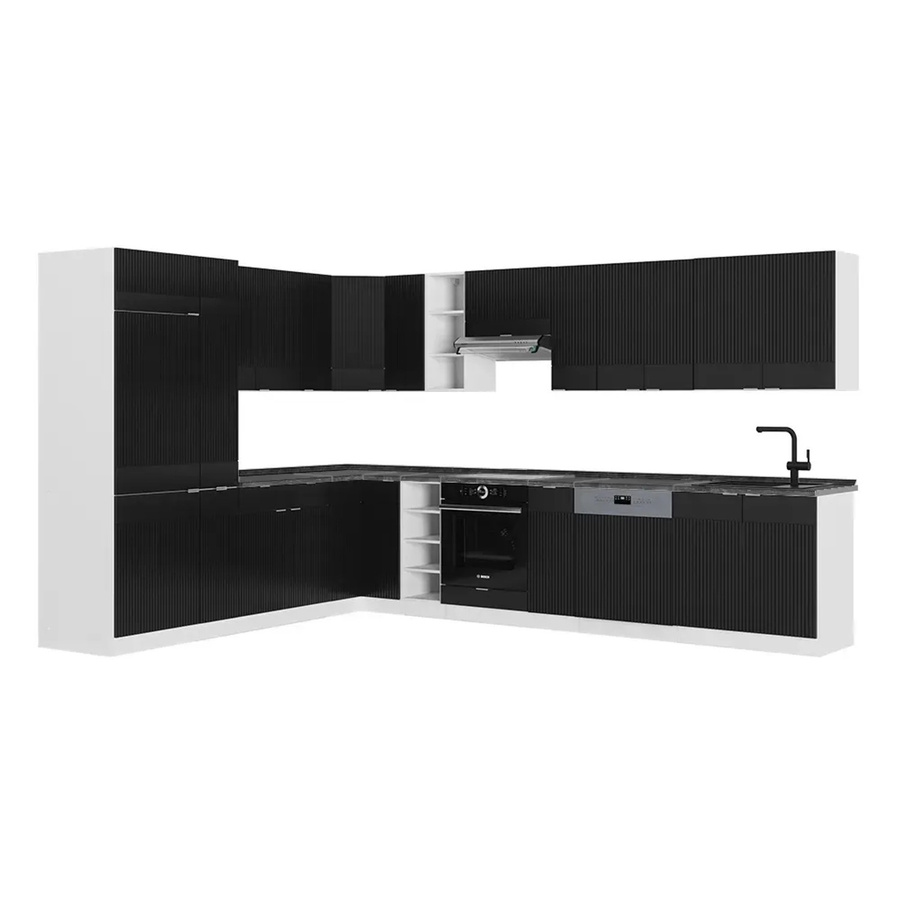 Vicco Fame-Line Eckküche in Schwarz gestreift und Weiß, Anthrazit, B/T/H: 372,72 x 82,0 x 257,0 cm - Bild 2