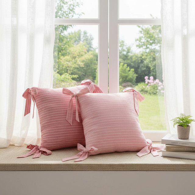 BUYNOW Kissenbezug im koreanischen Stil mit farbig gewebtem Streifenmuster und quadratischer Schleife in Himmelblau - Bild 1