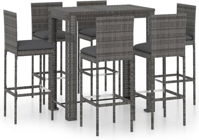 vidaXL 7-tlg Gartenbar-Set aus Poly Rattan in Grau mit Kissen und pulverbeschichtetem Stahlgestell - Bild 1