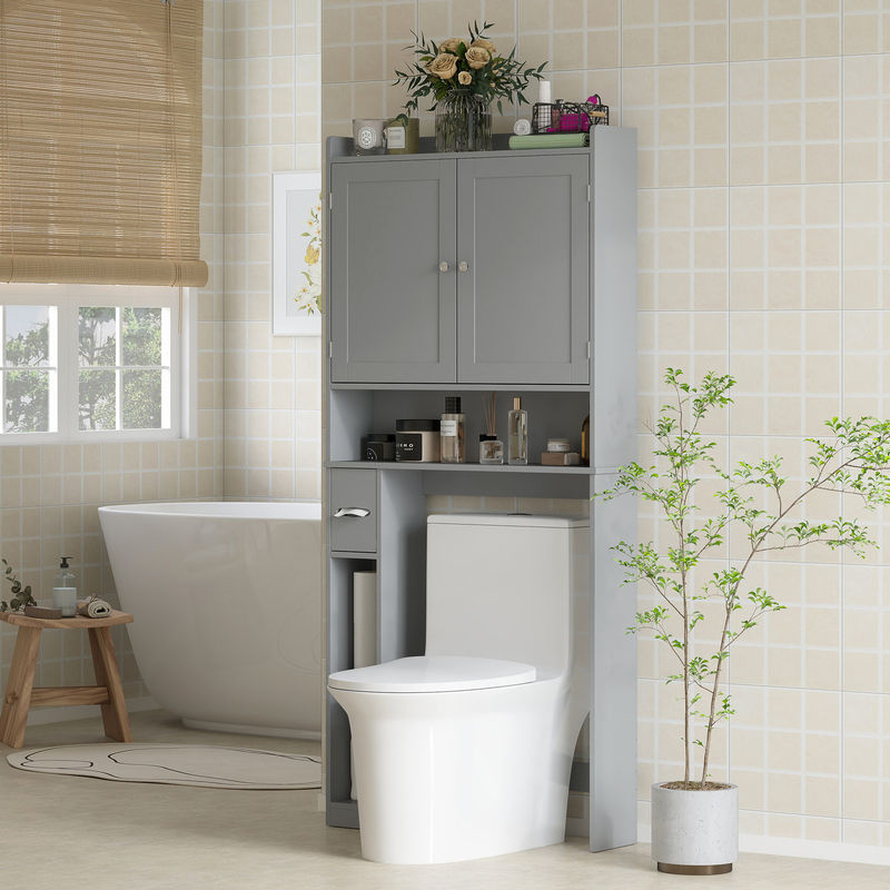 HOMCOM Aufsatzschrank für WC oder Waschmaschine in Grau mit 2 Türen und 3 offenen Fächern, B/T/H: 80 x 19,5 x 170 cm - Bild 2